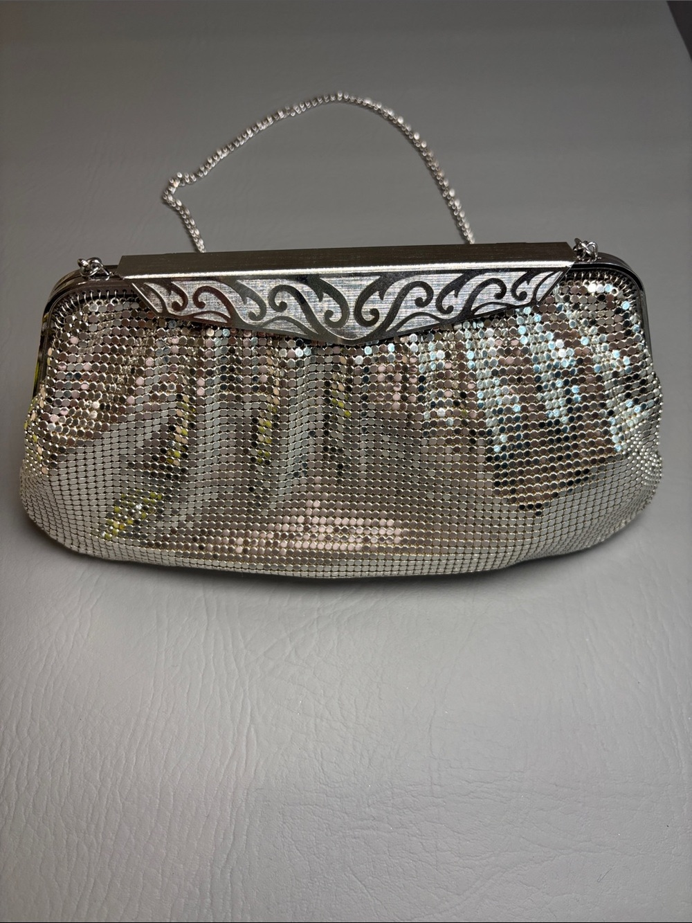 PRISTINE Vintage Whiting Davis Silver Mesh Evening Bag Clutch Ornate Deco Frame